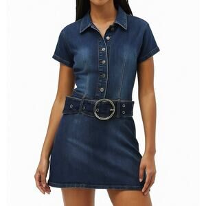 Rare Vintage Beware Jeans Womens S Y2K Mini Denim Shirt Dress Belted Bratzcore